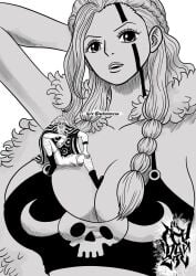 1girls age_difference big_breasts blush elbaf female fur_coat giantess huge_breasts husband_and_wife male one_piece one_piece:_elbaf_arc ripley_(one_piece) scopper_gaban size_difference tall_female taller_female taller_girl tattoo