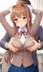 1boys 1girls ai_generated arms_up artist_name big_breasts blush breasts brown_hair classroom clothed clothed_female clothes clothing doki_doki_literature_club dubious_consent embarrassed embarrassed_female female fully_clothed green_eyes grope groping groping_breasts groping_from_behind hair hair_ribbon hairbow hands_behind_head japanese_artist long_hair male monika_(doki_doki_literature_club) public school school_uniform schoolgirl skirt submissive_female