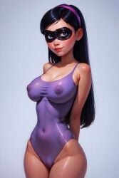 ai_generated breasts cameltoe erect_nipples_under_clothes looking_at_viewer mask swimsuit the_incredibles thighs violet_parr