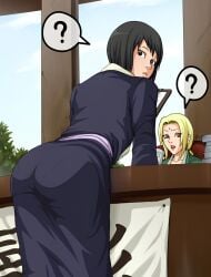 2d 2girls ? ass ass_focus ass_in_dress assistant bent_over big_ass black_hair blonde_hair dat_ass desk female female_focus female_only forehead_jewel forehead_mark from_behind full_color fully_clothed glass hokage hokage_office holding_object kimono long_hair looking_at_viewer looking_back multiple_girls naruto naruto_(classic) naruto_(series) naruto_shippuden no_penetration orange_eyes panties panties_visible_through_clothing pink_lips presenting presenting_ass round_ass secretary shizune shounen_jump sitting speech_bubble standing tablet teacher_and_student tk_(tk's_level4) tsunade twintails viewed_from_behind