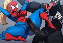 1boy 1girls alternate_universe big_penis black_body blonde_hair curvaceous curvy female genderswap_(mtf) huge_cock imminent_rape imminent_sex large_breasts marvel marvel_comics mullon penis rule_63 spider-girl spider-man spider-man_(series) thick_thighs venom_(marvel) voluptuous voluptuous_female wide_hips