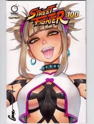 bare_shoulders blonde_hair breasts choker earrings hair_bun headgear himiko_toga juri_han_(cosplay) looking_at_viewer my_hero_academia omar_dogan short_hair street_fighter tagme tongue tongue_out yellow_eyes