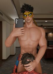 abs big_pecs clothed clothing completely_nude gay handerin holding_phone iron_fist iron_fist_(marvel_rivals) lin_lie male male_focus male_only marvel marvel_comics marvel_rivals mask muscular muscular_male nipples nude nude_male oral oral_sex pecs peter_parker phone spider-man spider-man_(marvel_rivals) spider-man_(series) standing taking_picture yaoi