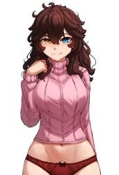 ai_generated blue_eye brown_hair evening_outfit heterochromia hismajestyii large_breasts novelai pajamas panties pink_sweater red_panties relaxed relaxed_expression seiko_tanaka_(hismajestyii) smile sweater toned wide_hips yellow_eye