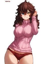 ai_generated blue_eye brown_hair evening_outfit heterochromia hismajestyii large_breasts novelai pajamas panties pink_sweater red_panties relaxed relaxed_expression seiko_tanaka_(hismajestyii) smile sweater toned wide_hips yellow_eye