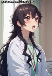 1girls ai_generated ameku_takao ameku_takao_no_suiri_karte black_hair blush brown_eyes clothed coat cum cum_in_mouth cum_in_tongue doctor embarrassed female genital_fluids indoors labcoat long_hair looking_pleasured open_mouth open_mouth patreon petite petite_body tongue tongue_out vanstyler white_coat young young_female