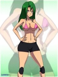 1girls bikini_top bikini_top_only black_shorts female female_only female_solo game_freak green_hair layerth nintendo pink_bikini_top pokemon pokemon_(anime) shorts solo solo_female solo_only tyra_(pokemon)