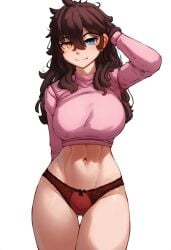 ai_generated blue_eye brown_hair evening_outfit hand_behind_head heterochromia hismajestyii large_breasts novelai pajamas panties pink_sweater red_panties relaxed relaxed_expression seiko_tanaka_(hismajestyii) smile sweater toned wide_hips yellow_eye