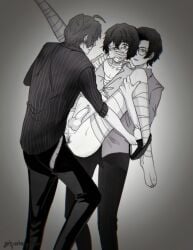 3boys ahoge anal artist_name bandaged_arm bandaged_leg bandaged_neck bandages bungo_stray_dogs clothed covering_own_mouth dazai_osamu erection gay gay_sex glasses greyscale group_sex male male/male/male male_only mmm_threesome monochrome oda_sakunosuke pants penis sakaguchi_ango sex shirt short_hair spread_legs testicles threesome uncensored underwear watermark wide_eyed yaoi yizaimopian