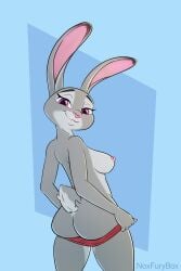 anthro ass breasts digital_media_(artwork) disney female fur grey_body grey_fur hi_res judy_hopps lagomorph leporid looking_at_viewer looking_back looking_back_at_viewer mammal nipples noxfurybox nude purple_eyes rabbit scut_tail short_tail simple_background smile solo tail zootopia