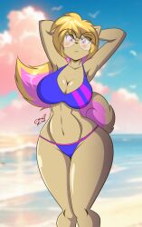 1girls anthro beach big_breasts bikini blonde_hair breasts female female_only furry glasses looking_at_viewer mastergodai penny_prescott pink_hair rascals solo swimsuit tan_fur thick_thighs wide_hips