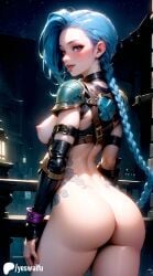 ai_generated ass blue_hair breasts breasts_out from_behind jinx_(league_of_legends) long_hair nipples tattoo tongue tongue_out uncensored yeswaifu