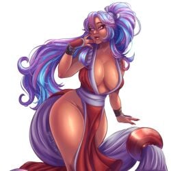 2025 artist_name artist_signature asian_clothing big_breasts cleavage cosplay curvaceous curvaceous_female curvaceous_figure curvy curvy_female curvy_figure dark-skinned_female fatal_fury galaty_dubs galaxiadubs hourglass_figure huge_breasts king_of_fighters large_breasts long_hair mai_shiranui_(cosplay) oc original_character ponytail purple_hair red_clothing revealing_clothes snk thick_thighs three_tone_hair twitter_link unknown_artist very_long_hair white_background wide_hips