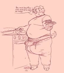 anthro appliance arm_hair belly biped blush blush_lines bodily_fluids body_hair bottomwear bulge clothing cooking cookware cum cum_drip dialogue domestic_pig drawstring_bottomwear dripping ejaculation english_text erection food foreskin frying_pan genital_fluids genitals hair holding_frying_pan holding_plate hooves kitchen kitchen_appliance kitchen_utensils looking_at_viewer male mammal millkefats offering_food open_door oven overweight overweight_anthro overweight_male pancake pants penis pink_background pubes shirt short_hair simple_background solo speech_bubble suid suine sus_(pig) sweat sweatdrop sweatpants t-shirt talking_to_viewer text tools topwear