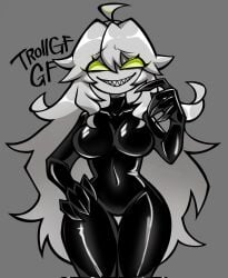 1girls big_breasts black_body. breasts curvy curvy_female friday_night_funkin friday_night_funkin_mod girlfriend_(friday_night_funkin) grey_background hiuito8888 long_hair no_pupils pointy_ears sharp_claws smile smug smug_face solo solo_female the_trollge_files thick_thighs thighs trollge_gf_(fnf) white_hair