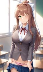 1girls ai_generated artist_name big_breasts bow_panties breasts brown_hair classroom clothed clothed_female clothes clothing doki_doki_literature_club faint_blush female flirting_with_viewer flirty green_eyes hair hair_ribbon hairbow hip_bones hips japanese_artist long_hair monika_(doki_doki_literature_club) panties pink_panties presenting presenting_panties removing_clothing removing_skirt school school_uniform schoolgirl skirt skirt_down skirt_removed smile smiling smiling_at_viewer solo taking_clothes_off taking_off_skirt thighs wink winking_at_viewer