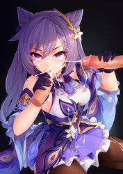 1girls 2boys black_background cum cum_in_mouth cum_on_clothes cum_on_face cumshot disembodied_penis female_focus genshin_impact keqing_(genshin_impact) kerasu penis purple_eyes purple_hair ricegnat tagme threesome twintails