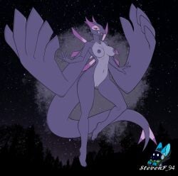 absurd_res anthro dragon female generation_2_pokemon hi_res legendary_pokemon lugia mythological_creature mythological_scalie mythology nintendo pokemon pokemon_(species) purple_body red_eyes scalie solo space stevenf94