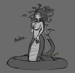 2019 big_breasts breasts digital_media_(artwork) european_mythology female gorgon greek_mythology hi_res lamia living_tail looking_at_viewer medicinal_succ medusa monochrome monster_girl_(genre) mythology nipples nude open_mouth pathfinder pussy reptile scalie simple_background snake solo wide_hips