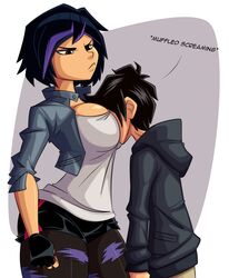 1boy 1girls angry big_breasts big_hero_6 black_hair breasts brown_eyes busty cleavage clothing disney eyelashes eyeshadow face_in_breasts female fingerless_gloves gogo_tomago head_between_breasts hiro_hamada hourglass_figure human jacket large_breasts male marvel marvel_comics pantyhose purple_hair ravenravenraven sad short_hair short_shorts size_difference sleeves_rolled_up smaller_male standing t-shirt tagme two_tone_hair unseen_male_face wide_hips