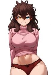 ai_generated blue_eye brown_hair evening_outfit heterochromia hismajestyii large_breasts novelai pajamas panties pink_sweater red_panties relaxed relaxed_expression seiko_tanaka_(hismajestyii) smile sweater toned wide_hips yellow_eye