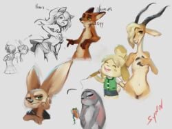 absurd_res animal_crossing antelope blonde_hair blush bodily_fluids bovid breasts brown_body brown_fur canid canine canis cheek_tuft clothing dildo disney domestic_dog ears_down face_tuft female fennec finnick flat_chest fox fur gazelle gazelle_(zootopia) genital_fluids green_eyes grey_background grey_body grey_fur group hair hi_res horn inner_ear_fluff isabelle_(animal_crossing) judy_hopps lagomorph leporid looking_at_viewer mammal nick_wilde nintendo nipples nude panties pawpads pivoted_ears pussy_juice rabbit red_fox sex_toy shirt simple_background sketch skirt smile synnfultiger tan_body tan_fur topwear tuft video_games zootopia