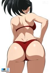 1girls ass back_view big_ass big_breasts bikini black_hair breasts female female_focus female_only from_behind large_ass long_hair momo_yaoyorozu my_hero_academia ponytail solo solo_female solo_focus sweat swimsuit thick_thighs tsuranukko watermark white_background