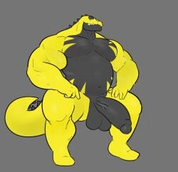 anthro balls bara barazoku big_balls big_pecs big_penis boner crocodile crocodilian erection male male_only milkblend muscles muscular nude pecs penis scalie sitting solo solo_male