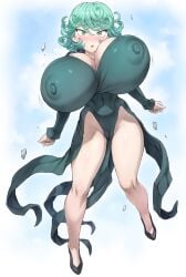 airborne bottomless breast_expansion cameltoe covered_erect_nipples embarrassed floating full-face_blush gigantic_breasts hyper_breasts mogudan naked_shirt nipples no_bra no_panties nose_blush one-punch_man shortstack skin_tight surprised tatsumaki useless_clothing