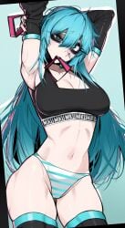 blue_eyes blue_hair breasts cleavage glitchace gloves hatsune_miku hips long_hair looking_at_viewer panties pinup stockings stretching tagme underwear vocaloid voluptuous