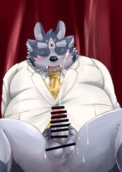 2019 absurd_res anthro ass balls belly biped black_nose blush bodily_fluids censored closed_eyes clothing cum cum_on_leg ejaculation erection genital_fluids hamagiato hi_res male male_only necktie overweight overweight_male penis shirt sitting solo tokyo_afterschool_summoners tongue topwear tsathoggua video_games