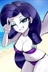 2024 beach big_breasts bikini bikini_bottom bikini_only bikini_top blue_eyes bra busty commission equestria_girls friendship_is_magic hasbro huge_breasts human humanized humanized_pony large_breasts long_hair makeup mascara my_little_pony navel nekojackun pale-skinned_female pale_skin purple_bikini purple_bra purple_hair purple_panties rarity_(eg) rarity_(mlp) selfie taking_picture taking_selfie twitter_link v_sign victory_sign white_body white_skin