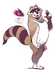 2019 anthro ass balls clothing flaccid hi_res humanoid_penis male male_only mammal one_eye_closed penis procyonid raccoon shirt simple_background slightly_chubby solo super-tuler topwear tulerbear white_background wink