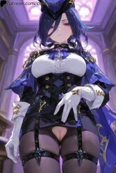 1girls ai_generated big_breasts blue_hair breasts cape clorinde_(genshin_impact) clowenqq corset dark_hair dress_shirt earrings exposed_pussy female female_focus female_only from_below front_view genshin_impact gloves hat hi_res legwear long_sleeves looking_at_viewer looking_down no_panties pantyhose purple_eyes pussy skirt solo solo_female solo_focus standing thick_thighs thigh_strap thighs torn_legwear torn_pantyhose uncensored white_gloves white_shirt