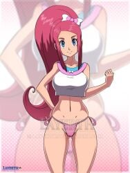 artist_logo artist_name big_breasts bikini_bottom blue_eyes bottomwear breasts game_freak hairbow hand_on_hip hand_on_own_hip hourglass_figure layerth long_hair long_ponytail long_red_hair looking_at_viewer nursery_aide_(pokemon) penelope_(pokemon) pink_bikini_bottom pink_theme pokemon pokemon_(anime) pokemon_xy ponytail red_hair thick_thighs zoom_layer