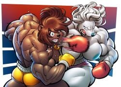 2girls animal_humanoid anthro back_muscles bear blue_nipples boxing boxing_gloves boxing_ring boxing_shorts brown_bear brown_bear_humanoid brown_body brown_fur brown_hair clothed clothing duo female female_only fighting_ring fur gloves hair handwear hi_res humanoid mammal mammal_humanoid masha_(hellbridge) mouthguard muscular muscular_anthro muscular_arms muscular_female muscular_humanoid muscular_thighs nipples original original_characters polar_bear punching_face red_boxing_gloves red_gloves shorts tilingart topless topless_anthro topless_boxing topless_female topless_humanoid ursid_humanoid ursine ursine_humanoid white_body white_fur white_hair yellow_boxing_gloves yellow_gloves