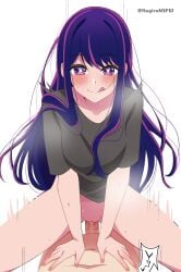 1boy blue_eyes blue_hair cowgirl_position crotch dick female femdom hair_in_mouth hands hoshino_ai kagironsfw legs light_skin long_hair motion_lines no_pubic_hair oshi_no_ko penis purple_eyes purple_hair pussy sex shirt smile smiling star-shaped_pupils thighs tongue tongue_out vagina vaginal_sex