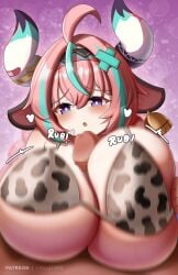 1boy 1girls bell big_breasts bikini blue_hair blush boobjob breast_squeeze breasts breasts_bigger_than_head clothed_paizuri cow_ears cow_girl cow_print cow_print_bikini english_text female female_only fraxstars genshin_impact hair_ornament horns hoyoverse huge_boobs huge_breasts inconvenient_breasts large_breasts light-skinned_female light_skin paizuri paizuri_lead_by_female paizuri_under_clothes penis pink_hair plump pov pressing_breasts_together purple_eyes squeezing_breast twin_braids two_tone_hair varesa varesa_(genshin_impact) violet_eyes