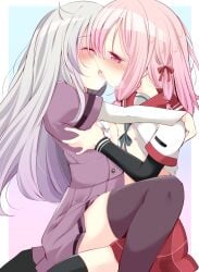 2girls asymmetrical_docking azusa_mifuyu black_thighhighs blush breast_press closed_eyes commentary_request heavy_breathing hug inasa_orange kamihama_university_affiliated_school_uniform kissing long_hair magia_record:_mahou_shoujo_madoka_magica_gaiden mahou_shoujo_madoka_magica mizuna_girls'_academy_school_uniform multiple_girls nipples pink_hair purple_thighhighs red_eyes saliva school_uniform symmetrical_docking tamaki_ui thighhighs tongue tongue_out white_hair yuri