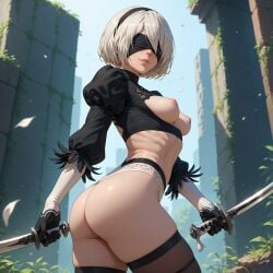 1girls ai_generated ass black_blindfold black_hairband blindfolded_female breasts breasts_out_of_clothes disharmoniaai elbow_gloves female_only holding_weapon nier:_automata nipples short_hair_female smiling_at_viewer solo_female sword white_hair_female yorha_2b