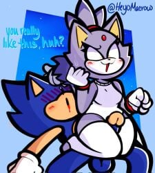 anthro balls blaze_the_cat blush clothing domestic_cat duo eulipotyphlan felid feline felis female genitals hedgehog hero heyomaerow humanoid legwear leotard male male/female mammal penis princess royalty sega sex simple_background sonic_(series) sonic_the_hedgehog sonic_the_hedgehog_(series) stroking_penis teasing text thick_thighs thigh_highs thigh_sex tight_clothing