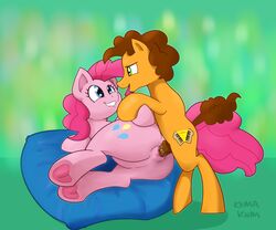 2019 absurd_res ass bite biting_lip blue_eyes bodily_fluids brown_hair cheese_sandwich_(mlp) cutie_mark digital_media_(artwork) duo earth_pony equid equine eye_contact female feral feral_on_feral friendship_is_magic fur green_eyes hair hand_holding hi_res horse kumakum looking_at_another lying male mammal my_little_pony nude orange_body orange_skin pillow pink_body pink_fur pink_hair pinkie_pie_(mlp) pony smile straight tongue underhoof vaginal_penetration