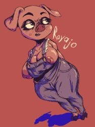 anthro areola areola_slip big_breasts breasts clothed clothing domestic_pig female hi_res makeup mammal nipples nude overalls overalls_only puffy_nipples rayajo short_stack simple_background solo suid suine sus_(pig) text thick_thighs