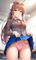 1girls ai_generated artist_name ass_visible_through_thighs bow_panties breasts brown_hair classroom clothed clothed_female clothes clothing doki_doki_literature_club faint_blush female green_eyes hair hair_ribbon hairbow hips japanese_artist long_hair monika_(doki_doki_literature_club) panties pink_panties presenting presenting_panties pussy_visible_through_clothes pussy_visible_through_panties school school_uniform schoolgirl skirt skirt_lift skirt_up smile smiling smiling_at_viewer thick_thighs thighs