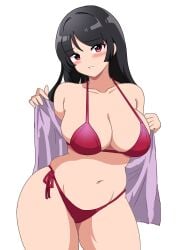 aged_up bikini black_hair blush breasts brown_eyes cleavage contrapposto creatures_(company) female game_freak highres kinako_mochi_(pixiv100419090) large_breasts long_hair navel nintendo nose_blush pokemon purple_shirt red_bikini sabrina_(pokemon) shirt side-tie_bikini_bottom smile solo swimsuit undressing