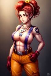 1girls 6_fingers ai ai_generated ai_hands belt brawl_stars breasts covered_nipples dark_background earrings female female_focus female_only gloves hair_bun looking_at_viewer muscular muscular_female navel necklace orange_eyes orange_pants pam_(brawl_stars) quinzo11 red_hair self_upload standing standing_female tattoo tattoo_on_arm tattooed_arm