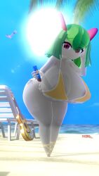 beach bikini crab green_hair horn horns kirlia looking_at_viewer pale_skin palm_tree pokemon red_eyes red_horns sand shelly_(yomieskayeler) shortstack sunlight sunscreen tagme white_skin yomieskayeler