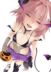 1boy androgynous astolfo_(fate) bikini bikini_top demon_tail fate/grand_order fate_(series) femboy fishnets girly halloween halloween_costume horns incubus kana616 male male_focus male_only solo swimsuits tail thighhighs trap wings