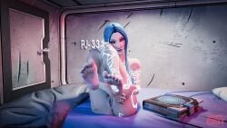 blue_hair borderlands borderlands_3 covering_breasts feet female foot_fetish foot_focus looking_at_viewer maya_(borderlands) maya_the_siren nail_polish nude nude_female pussy soles soles_female soles_fetish tattoo teasing teasing_viewer toenail_polish toes uncensored vagina