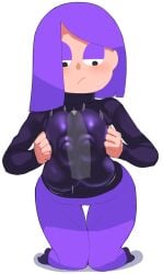 boobjob lily_(duolingo) man0. movement_lines nipples_visible_through_clothing purple_eyes purple_hair squeezing_breast sweatdrop